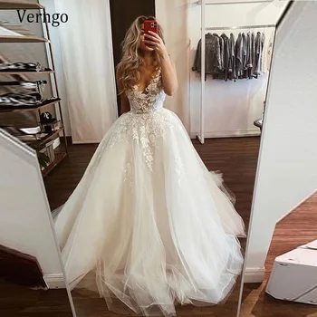

Verngo Vintage Lace Tulle Wedding Dress For Bridal Ivory White Hear Shape Neckline Romantic Bridal Gowns Custom Made