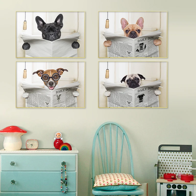 Dog-Reading-Newspaper-Toilet-Wall-Art-Canvas-Poster-Prints-Funny-Dog-Painting-Wall-Picture-Home-Bathroom
