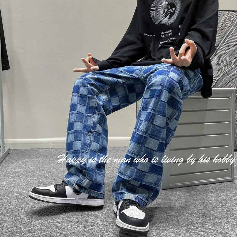 

2021 Men's Loose Blue Color Straight Casual Pants Solid Color Baggy Homme Lattice Wash Jeans Biker Denim Fashion Trousers M-3XL