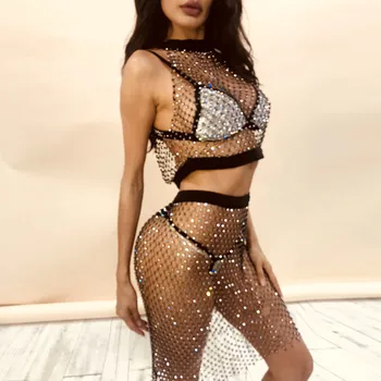 

2020 Luxury Rhinestone Fishnet Mesh Cover Up Dress Skirt for Women Party Glitter Crystal Sexy Waist Vest Lingerie Body Jewelry