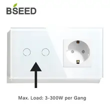 

BSEED 2 Gang 1 Way Touch Switch With EU Standard Socket Black White Gold Crystal Glass Panel Switches 3 Colors Home Improvement