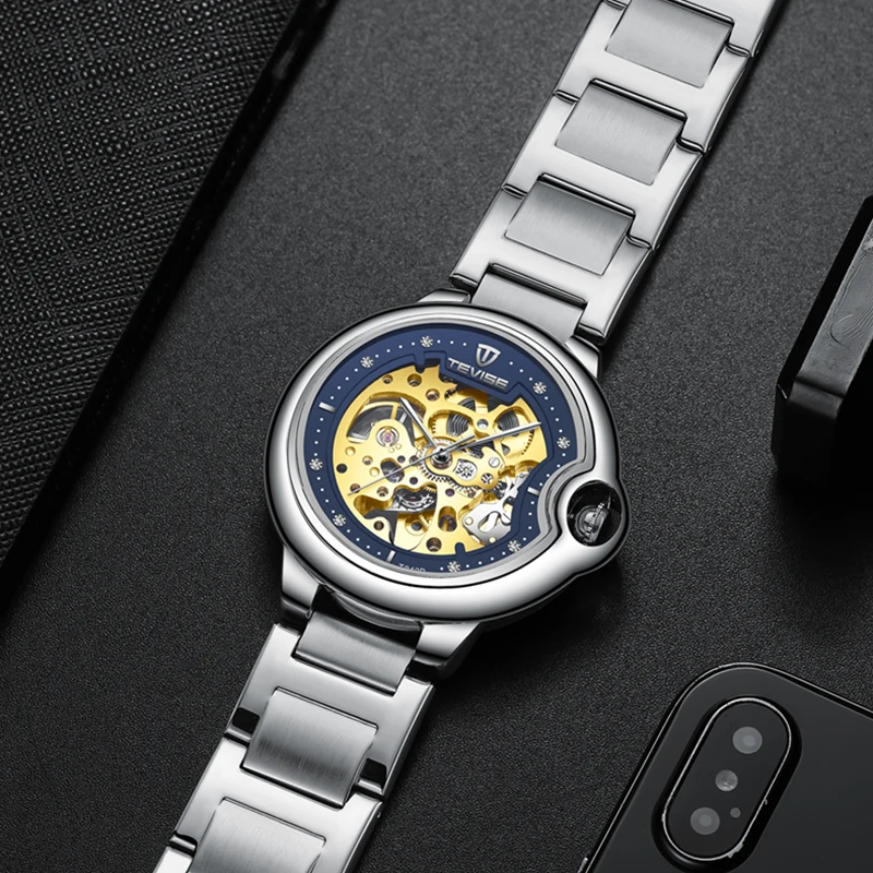 Fashion Brand TEVISE New Men Automatic Mechanical Watch Stainless Steel Skeleton Wristwatch Male Gifts Clock