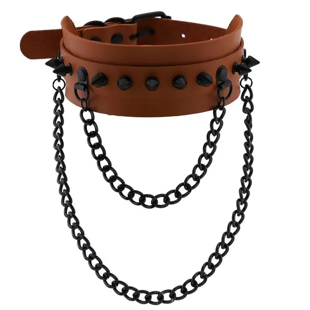 Gothic  Spike Choker Chain Collar Gothic Fashion Rivet black Leather Chokers Harajuku Grunge Goth necklace girls witch cosplay brown