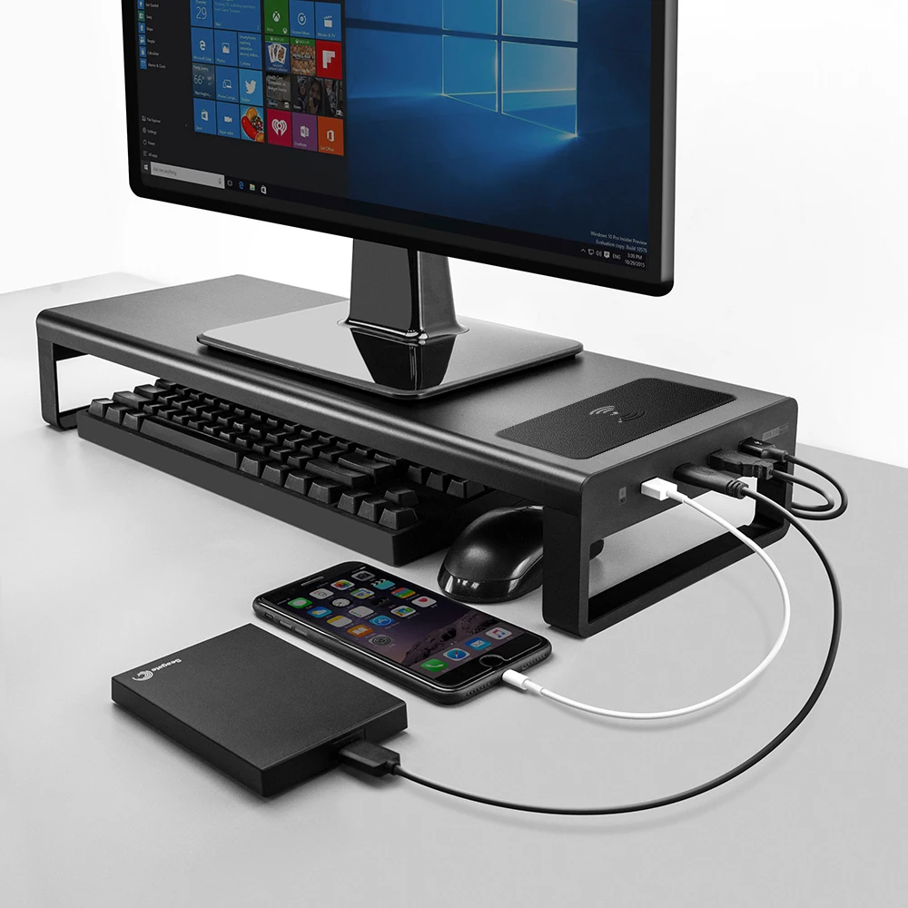 USB3.0 Wireless Charging Aluminum Monitor Stand Riser Support Transfer Data and ChargingKeyboard an