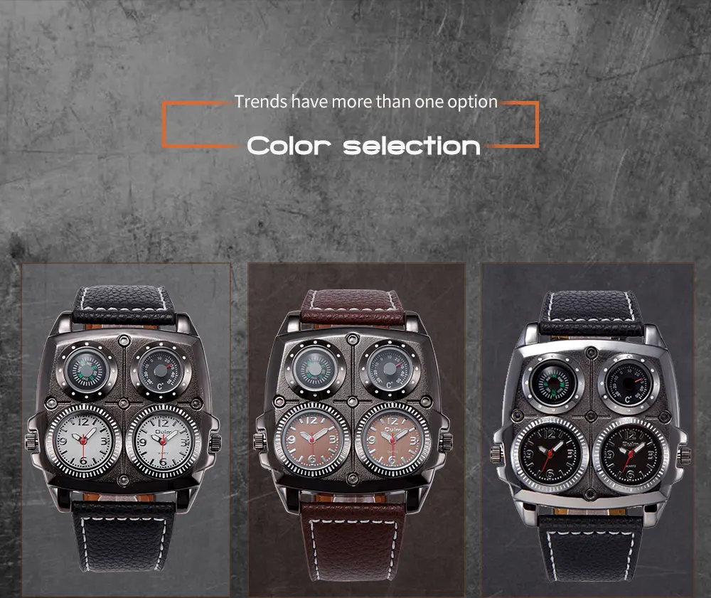 OULM 1140 Mens Watches Leather Strap Top Brand Luxury Sports Two Time Zone Big Dial Military Quartz Watch Men Relogio Masculino