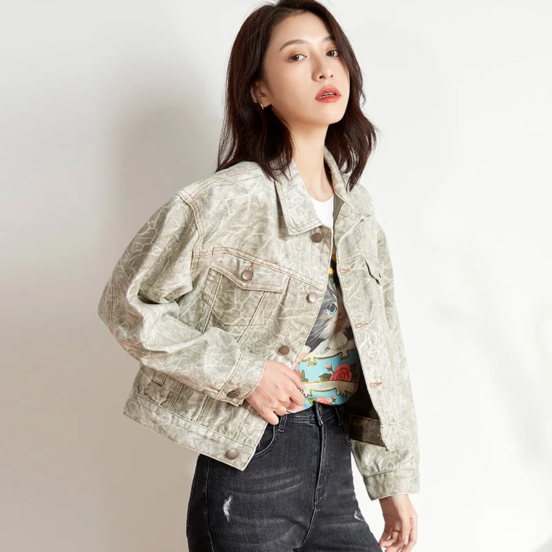 Женская короткая джинсовая куртка LEIJIJEANS модная свободная армейской расцветки с