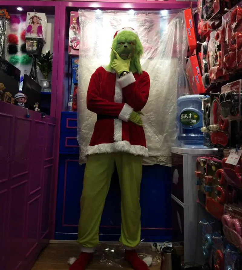 Рождественский костюм Grinch, Рождественский костюм для взрослых, костюмы для Хэллоуина, Санта-Клауса, забавный флисовый наряд для мужчин с маской