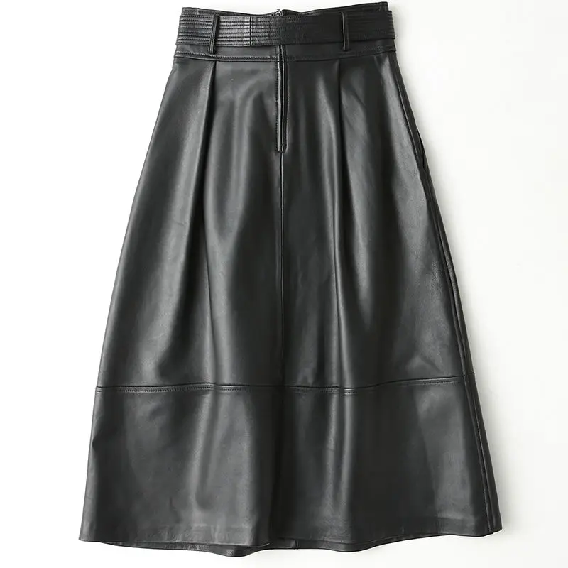 

100% real Genuine Leather PU Leather Skirt Women 2020 Midi Sexy High Waist Bodycon Office Pencil Skirt Knee Length Plus Size