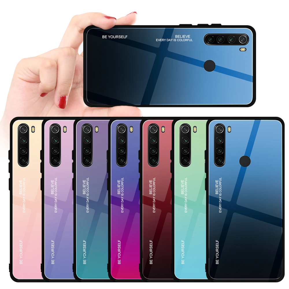 Gradient Tempered Glass Cover For Xiaomi Redmi Note 8 Phone Back Case On Pro Soft TPU Edge Shockproof Coque Fundas |
