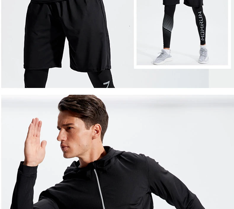 Мужская компрессионная спортивная одежда с капюшоном, светоотражающий спортивный костюм, Мужская эластичная дышащая одежда для спортзала, набор для пробежек и тренировок