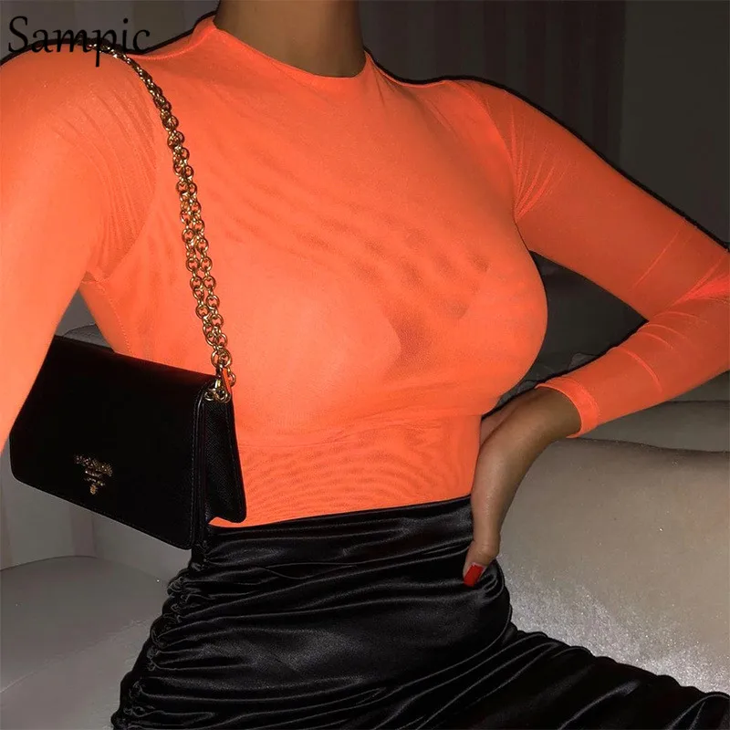 Sampic сексуальный сетчатый боди для женщин с длинным рукавом Прозрачный боди Черный комбинезон для женщин s осенний боди