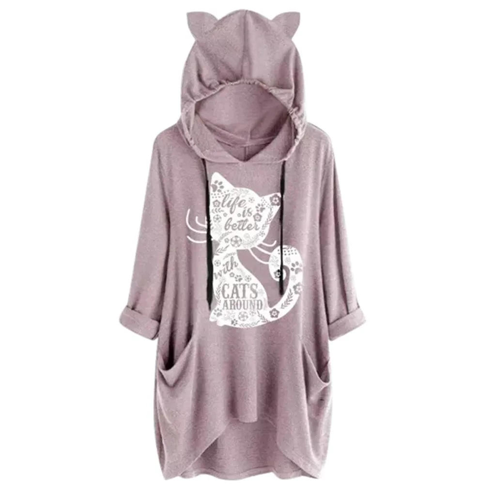 

5XL Oversize Hoodies Women Sweatshirt Casual Cat Ear Hooded Long Sleeves Cat Print Pocket Top Pullover Sweatshirt Hoodies Women