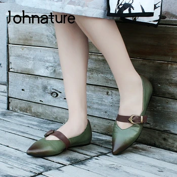 

Johnature Flats Women Shoes Genuine Leather Pointed Toe Retro 2020 New Spring Buckle Slip-on Casual Handmade Ladies Shoes