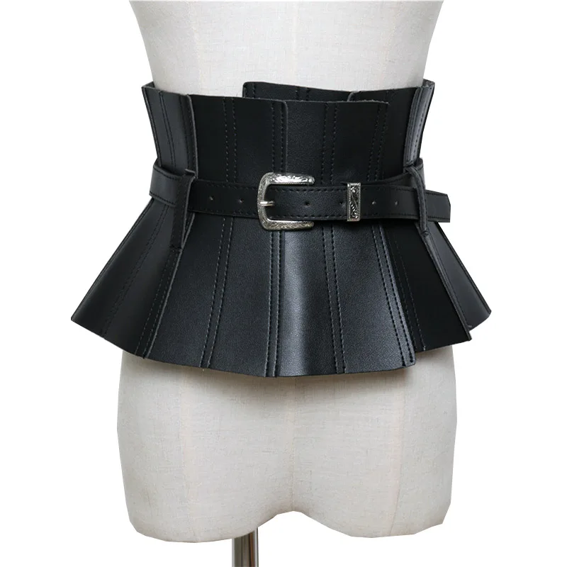 

2020 New Spring Summer Pu Leather Belts For Women Solid Color Black Ruffles Buckle Split Joint Personality Wide Belt Fashion