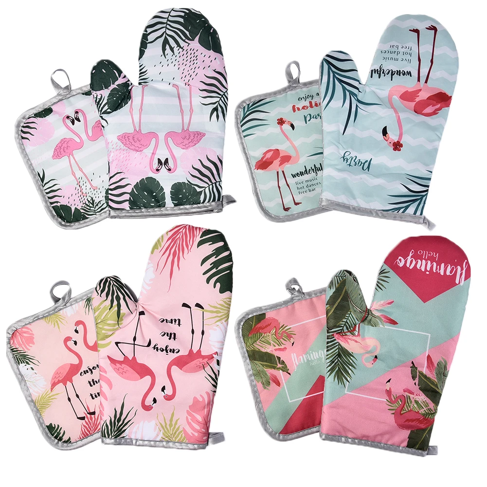 2pcs Flamingo Pattern Microwave Gloves Cotton And Linen Padded High Temperature Resistant Oven Gloves For Kitchen Cooking Tool Silicone Oven Mitts Kitchen Gloves Silicone Oven Gloves