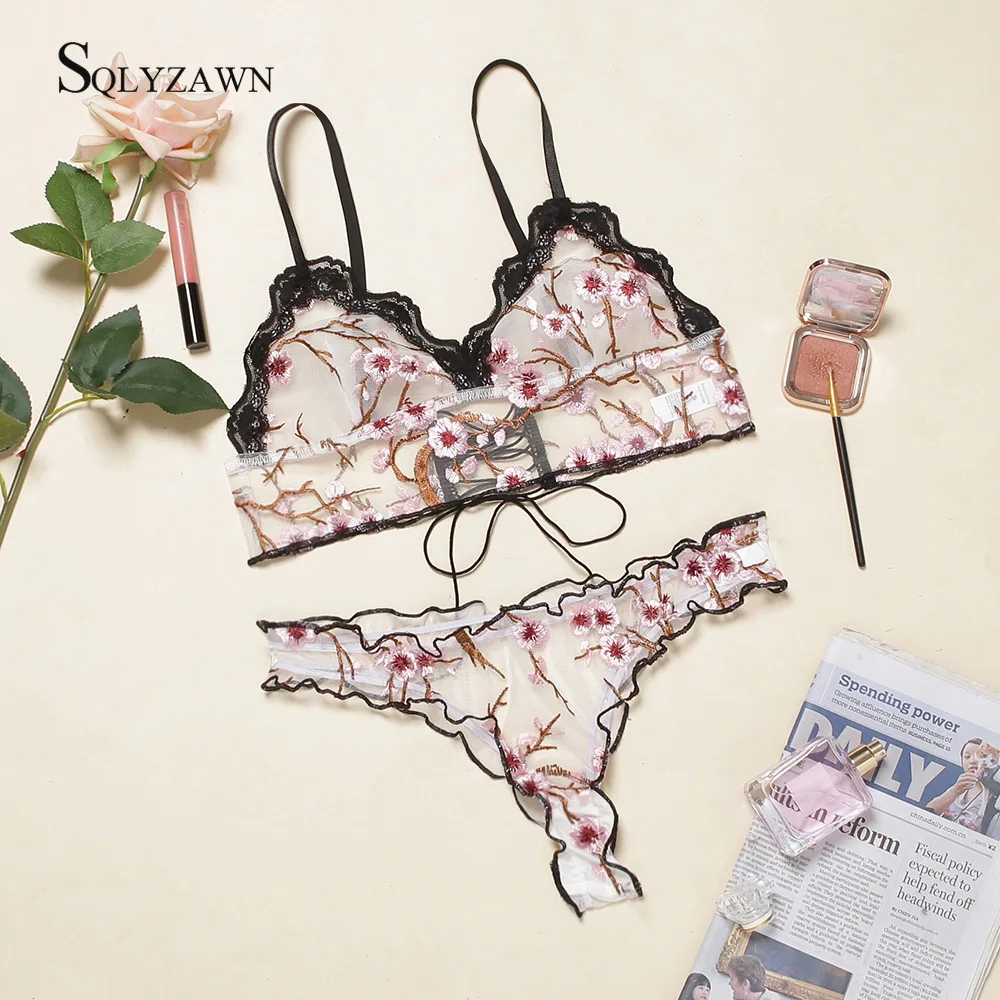 

Pink Bra and Panty Set Transparent bra set Sexy push up Lingerie Floral Embroidery Lace Up underwear women bra seethrough