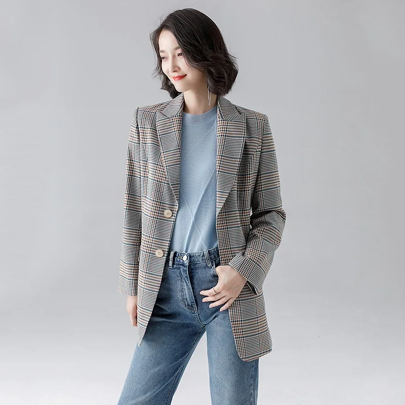 

British Style Plaid Suit Jacket Women's Korean-style Autumn And Winter Loose Casual Wear Formal Wear Suit Coat Simple