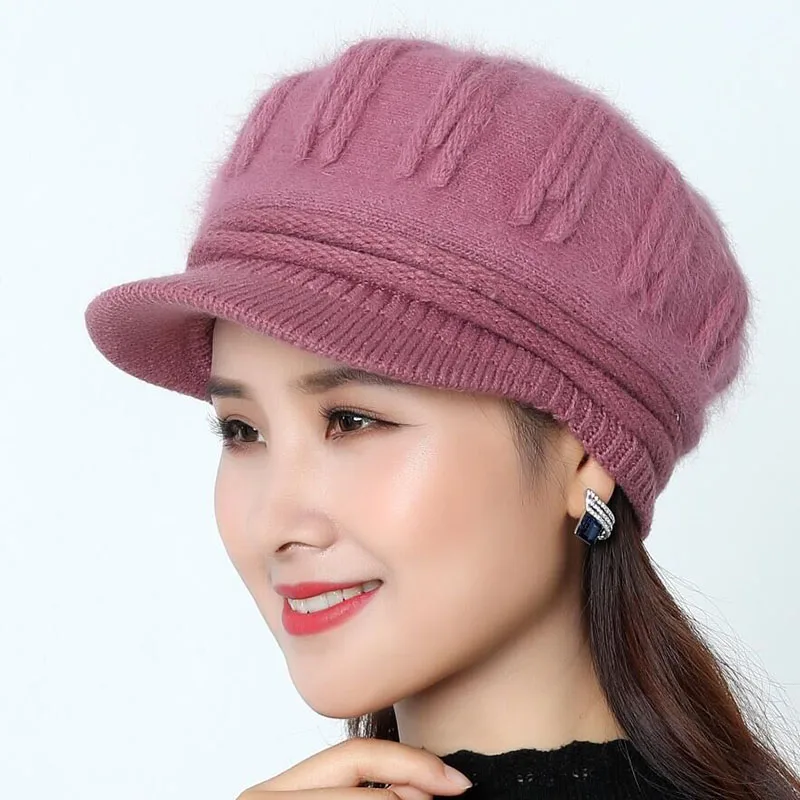 Snapback женские вязаные шапки с кроличьим мехом Beanie Осень-зима женские модные женские береты Skullies берет шляпа - Цвет: Purple