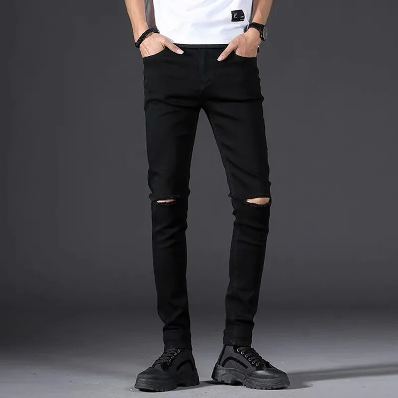 Men's Skinny Jeans Knee Ripped Hole Little Feet Pants Elasticity Slimming Hip Hop Denim Trousers