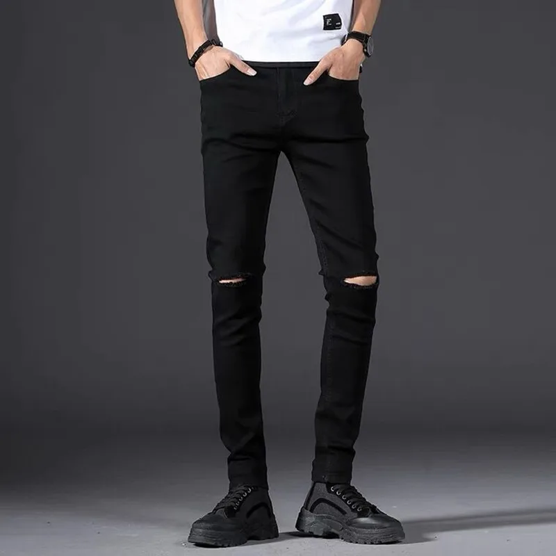 Pantalones vaqueros ajustados para pantalón negro rasgado hasta la rodilla, con agujeros, elásticos, adelgazantes, estilo Hip novedad de 2023 _ - AliExpress Mobile