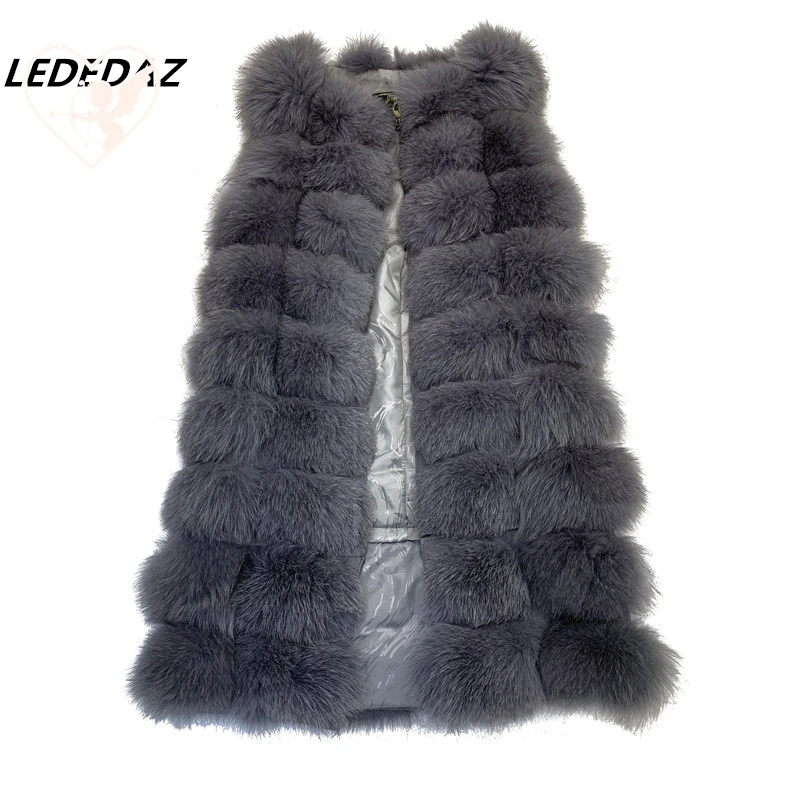 

Unique Design X-Long 2019 New Real Fox Fur Vest Full Belt Female Long Slim Real Fur Coat With Pockets Zipper Front 90CM /110CM