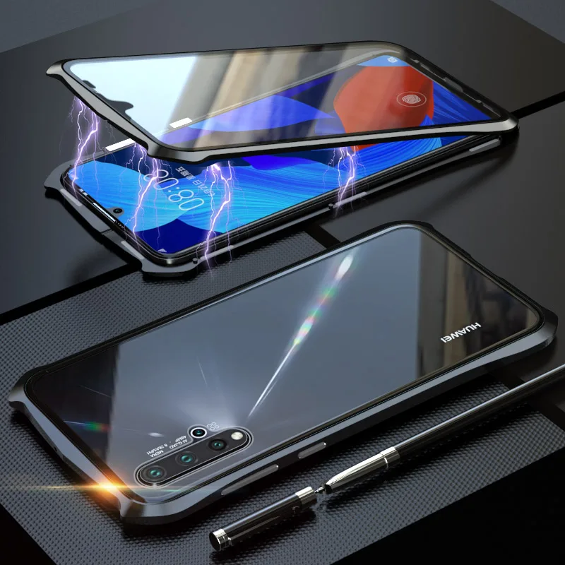 Черный Для huawei Nova 5 Чехол в стиле летучей мыши тонкая металлическая рамка взрывозащищенный чехол из закаленного стекла с магнитной адсорбцией - Цвет: Черный