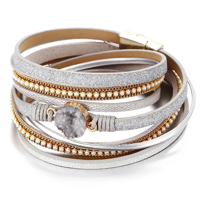CS5049 17 км большой камень кристалл обертывание браслеты для женщин Bijoux заявление несколько слоев кожаный браслет женские ювелирные изделия - Окраска металла: CS5049
