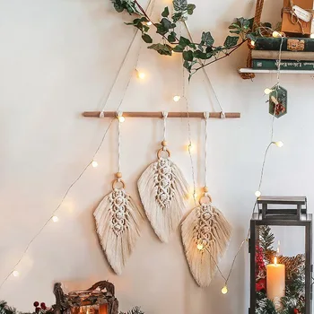 

Leaf Hand-woven Cotton Tapestry Decoration Bedroom Bedside Wall Hangings Nordic Fringed Cotton Woven Decorative Pendant
