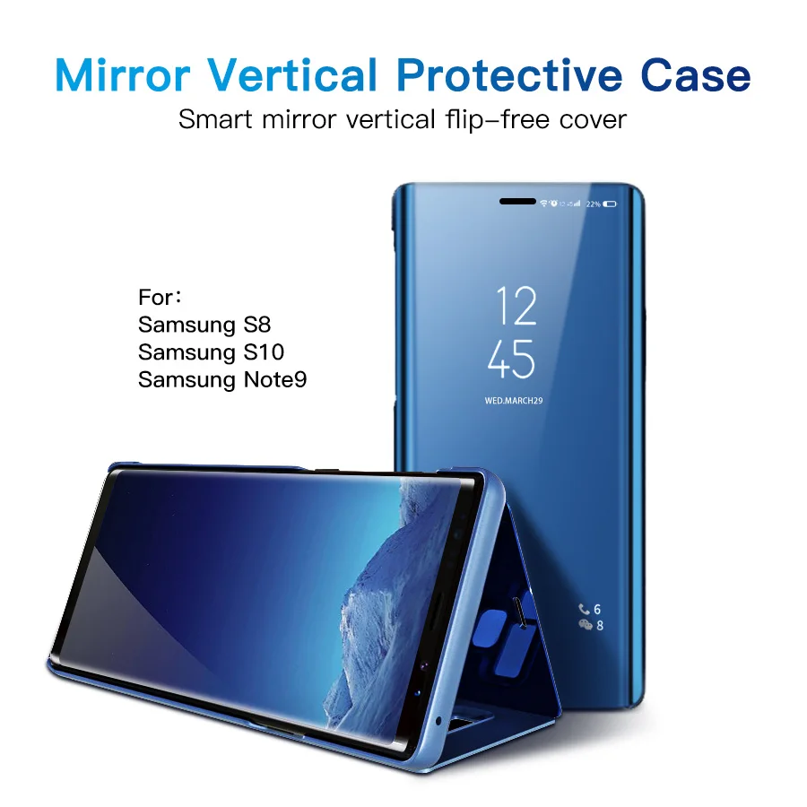 Mirror Flip Phone Case For Samsung Galaxy S8 S10 Note9 Cover Thin Clamshell Smart Call Answer Phone Holder Stand Glass Cases