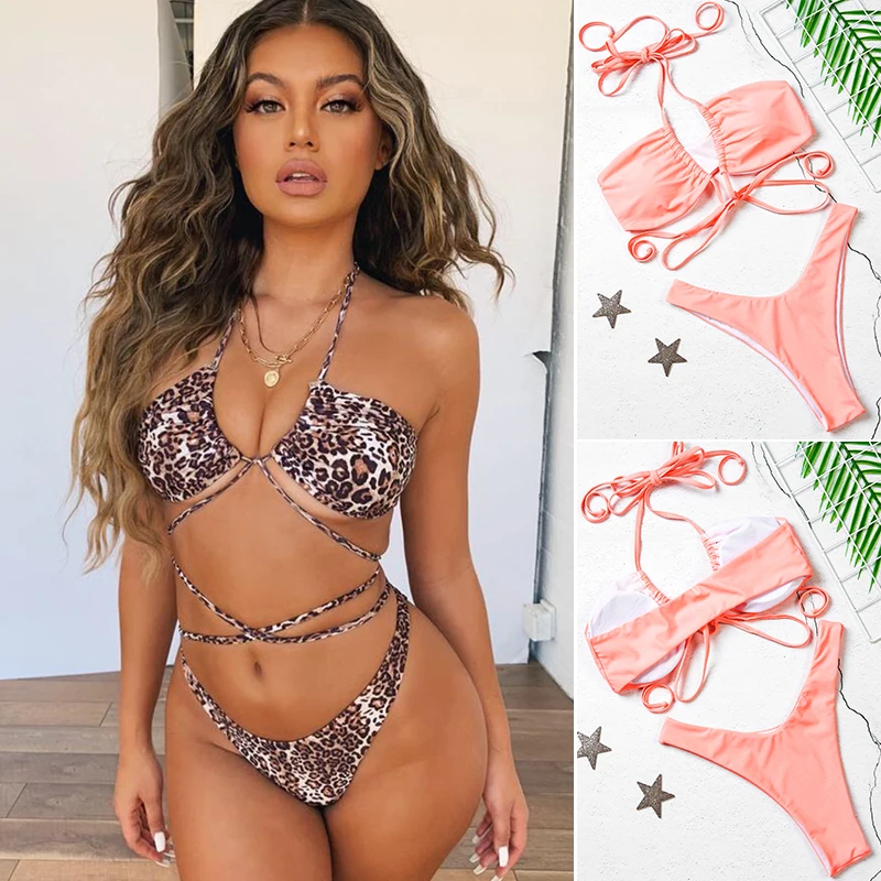 

2019 Leopard Women Bikini set String Sexy Micro bikini beachwear Halter Swim Set Brazilian Swimwear for woman B32