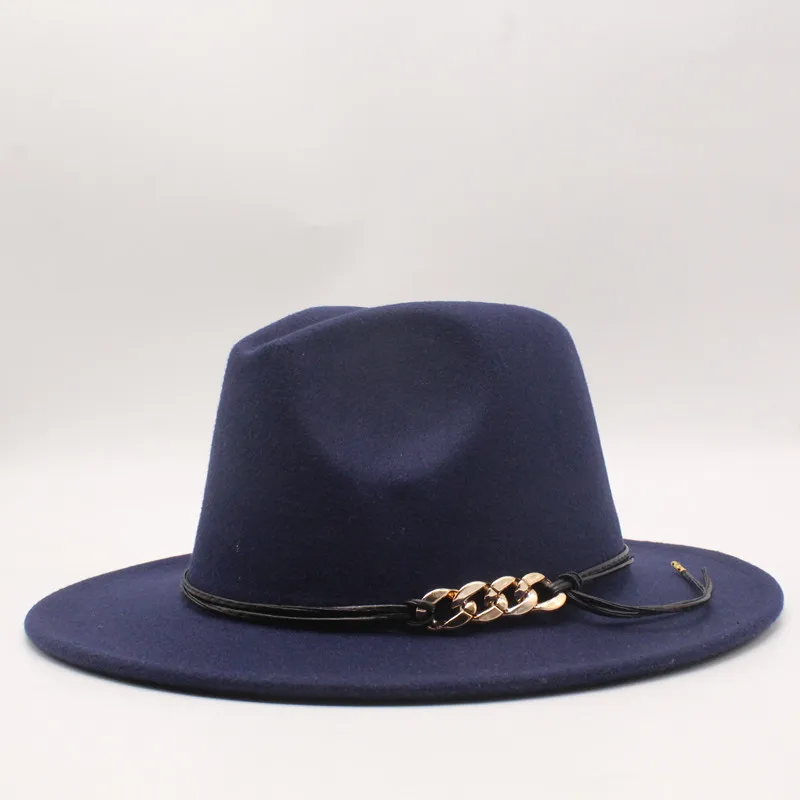 woolen Felt Hat Men Fedora Hats with Chain Women Vintage Trilby Caps Wool Fedora Warm Jazz Hat Chapeau Femme feutre Panaman hat