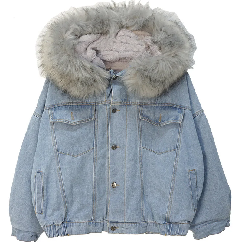

2018 Winter New Style Korean-style Thick Plush Fur Collar Jeans Coat Loose-Fit Short plus Velvet Lambs Wool Cotton Coat Women's