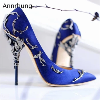 

Luxury Metal Flower Decor Heel Wedding Shoes Woman Sexy Pointed Toe Thin Heel Shoes Flower Leaf Vine Bridal High Heel Pumps