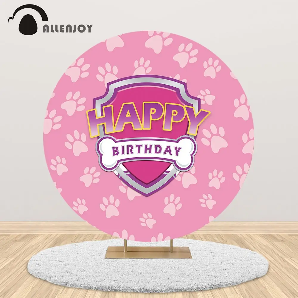 

Allenjoy Round Photography Background Shield Pink Dog Paws Bone Baby Shower Girl Birthday Party Backdrop Table Cover Party Decor