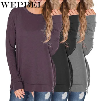 

WEPBEL Women's Blouses Tops Side Tunic Shirts Crewneck Loose Pullover Casual Long Sleeve Zipper Sweatshirt Blouses Tops