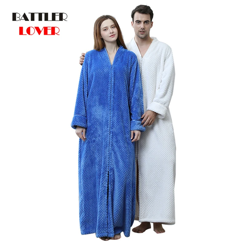 Men Winter Extra Long Thick Warm Bath Robe Plus Size Zipper Luxury Flannel Peignoir Pregnant Bathrobe Women Coral Fleece Robes