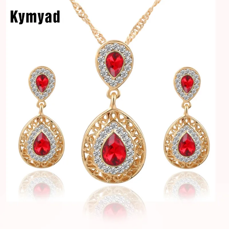 Kymyad Ювелирные наборы с кристаллами для женщин, индийские ювелирные изделия, золотой цвет, подвеска в виде капли воды, ожерелье, серьги, набор, ювелирные наборы