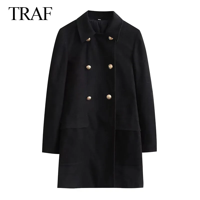 TRAF ZA 2021 Double Breasted Woolen Coat Elegant Winter Coat For Women