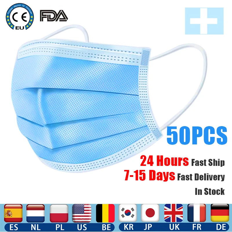 

50PCS Non Woven Disposable Face 3 Layer Hanging ear Facial Dust-Proof Safety Masks disposable face mouth mask Disposable Masks