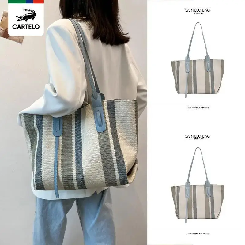 2021 New Large Canvas Bag with Zipper Handbag For Women Vintage Striped Totes Shoulder Crossbody Ol Business Briefcase Shopping | Багаж и