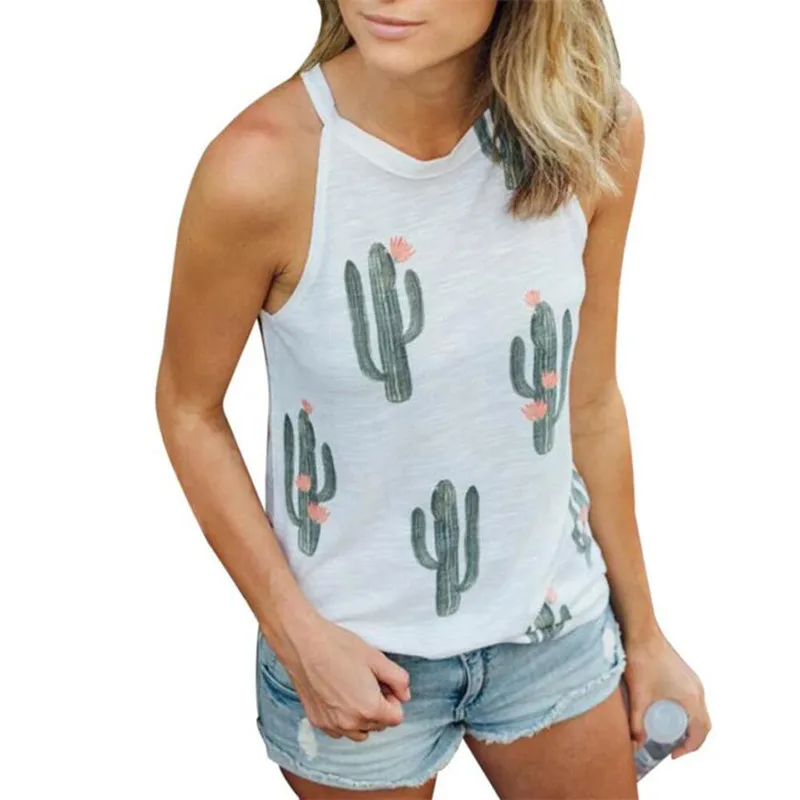 Women Tops and Blouses new Summer Fashion Cactus Print Tees Sleeveless Boho Casual White Blouse Shirts Blusas Femininas | Женская одежда