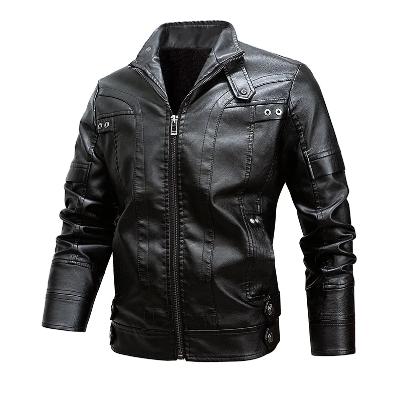 

Autumn and winter high quality motorcycle jacket Faux Leather long sleeve slim stripe leather jacket men