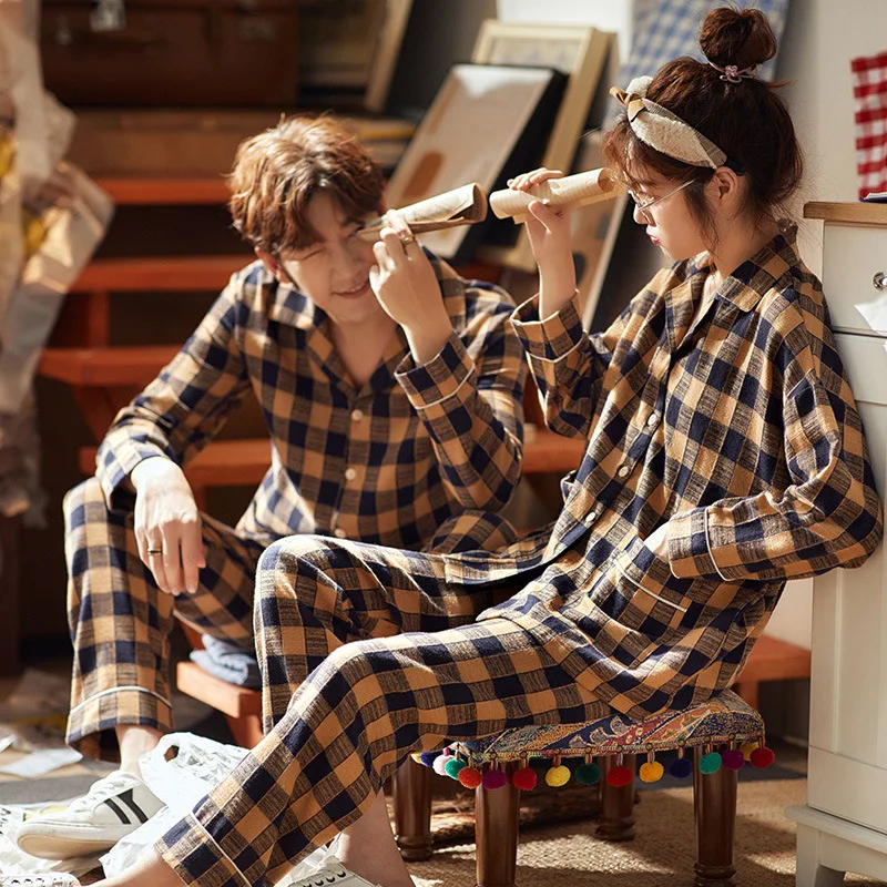 

2020 New Style Couples Pajamas Pure Cotton WOMEN'S Long Sleeve Cotton Men Sweet Thin Loose-Fit Home Source