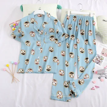 

Simple and Fashionable Women's Pajamas Set Thin Printed Lapel Pajamas Short-sleeved Trousers Ice Silk Comfortable Sleep Clothes
