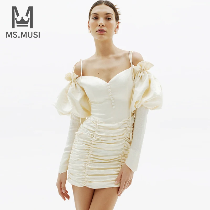 

MSMUSI New Fashion Women Strap Off The Shoulder Puff Long Sleeve Button Draped Bodycon Mini Dress Sexy Party Celebrity Vestido