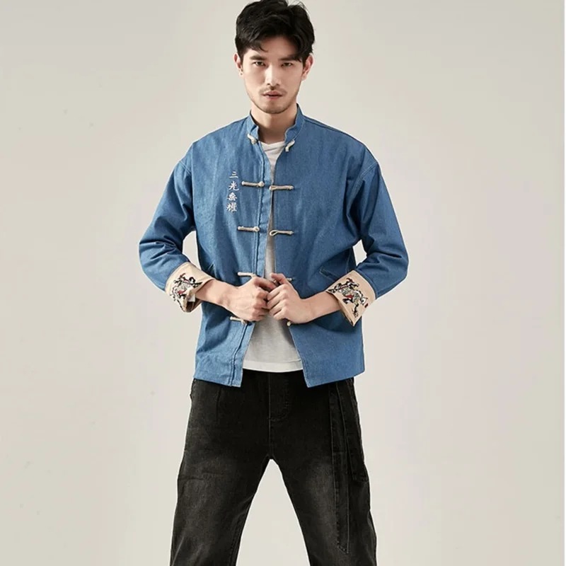 Chinese Style Denim Jacket Men Clothes Jeans Jacket Embroider Asian Streetwear Black Outerwear Tang Suit 30378