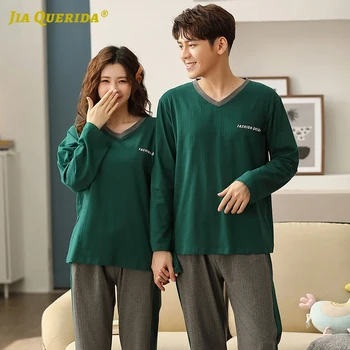 

New Soft Long Sleeve Long Pants Sleepwear Fashion Style Casual Style Man and Woman Pajamas Set Solid Green Top Gray Pants Pjs