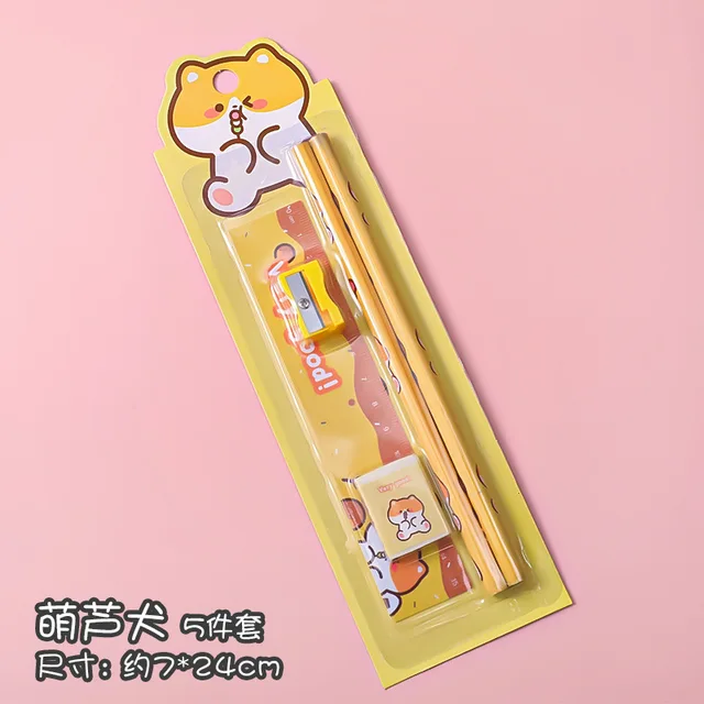 5 In 1 Cartoon Pencil Sharpener Set Students Learn Stationery Eraser Ruler Children Drawing Sketch Supplies Kindergarten Gifts Dog
