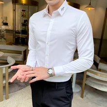 Chemise brodée britannique pour jeunes hommes, haut Slim décontracté à manches courtes et mi longues, couleur Pure I, printemps et automne