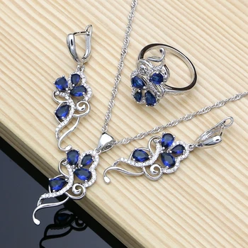 

Silver 925 Jewelry Sets Blue sapphire White Crystal Accessorie Earrings Necklace Kits For Women Party Dropshipping